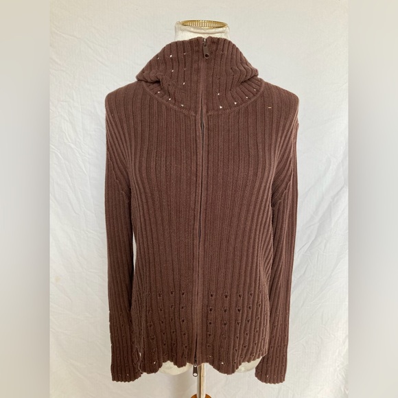 Vertical Design brown double zip knit jacket sweater rib knit construction ☆♡☆♥︎ - Picture 3 of 9